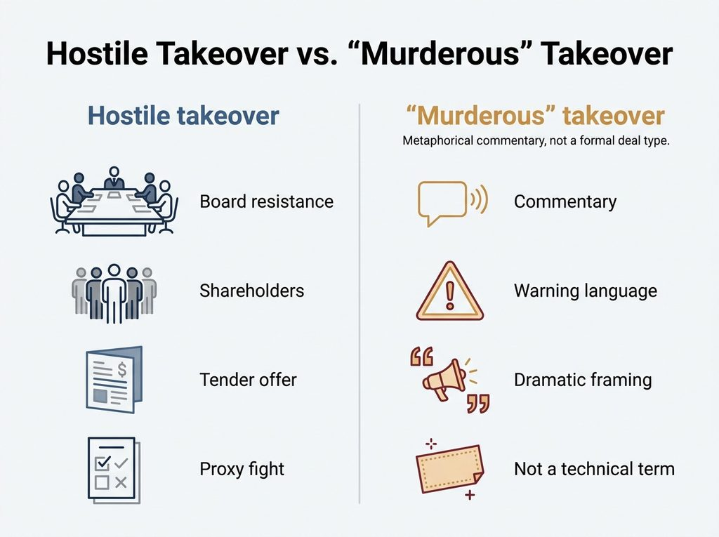 Learn what a hostile takeover means and why “murderous takeover” is usually not a formal M&A term but a dramatic description.