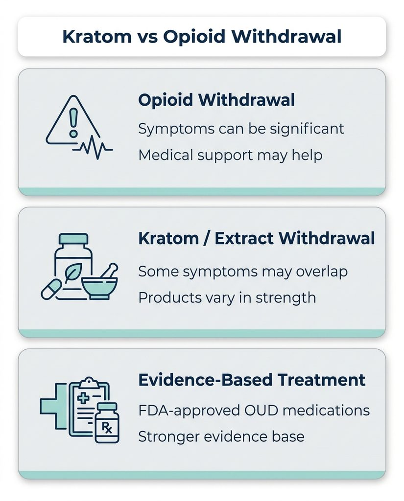 Question | Opioids | Kratom and kratom extracts |
|---|---|---|
| Can they affect opioid receptors? | Yes | Kratom alkaloids can interact with opioid receptors |
| Can withdrawal occur? | Yes | Withdrawal has been reported |
| Are products medically standardized? | Prescription opioids are regulated; illicit opioids are not | Consumer kratom products vary widely and are not FDA-approved medicines |
| Is there strong evidence for treating opioid use disorder? | FDA-approved medications have strong evidence | Kratom self-treatment does not have comparable evidence |
| Are overdose and mortality risks well documented? | Yes, especially with illicit fentanyl and opioid misuse | Risks are less clearly characterized, but adverse events and safety concerns have been reported |